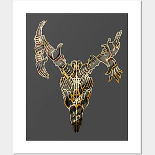 Psychedelic Deer Skull Made of Hands Black and Gold Metal Posters and Art